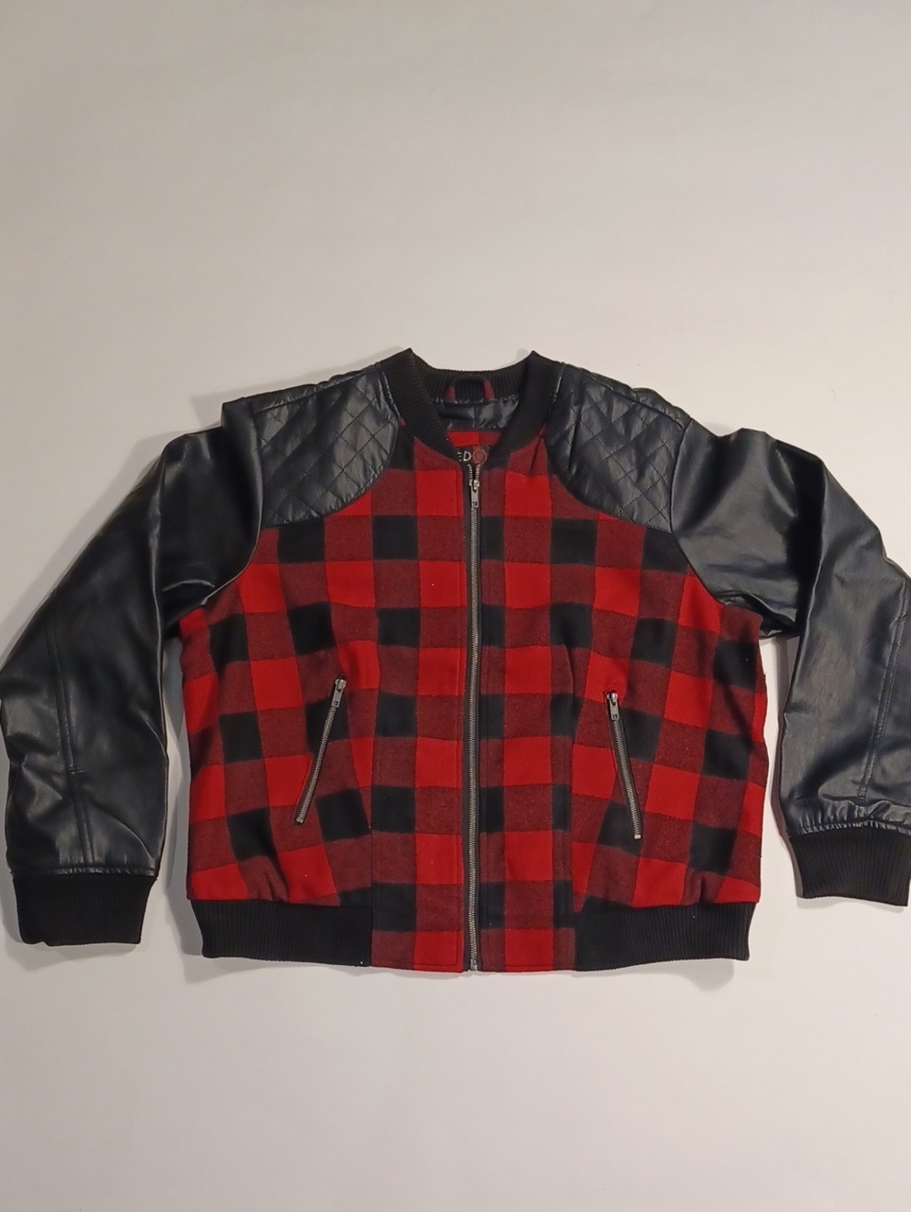 Women's Red & Black Buffalo Plaid Bomber Jacket with Black Faux Leather Sleeves
